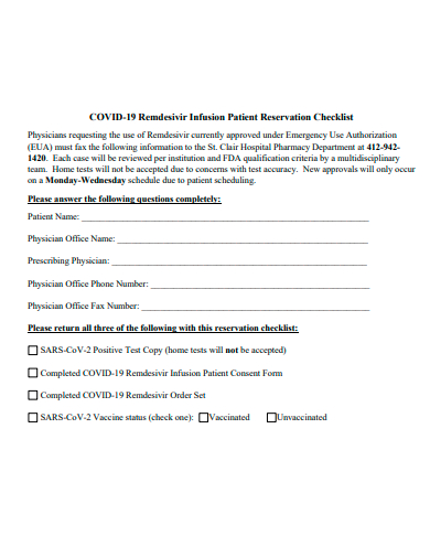 infusion patient reservation checklist template
