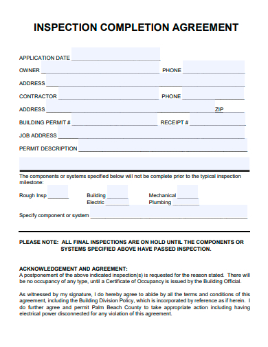 inspection completion agreement template