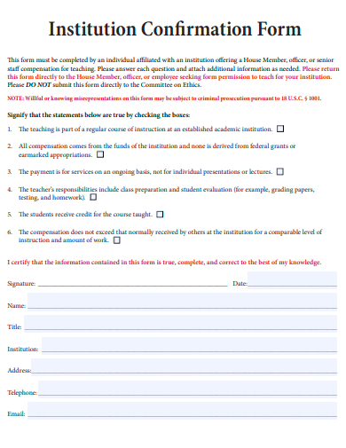 institution confirmation form template