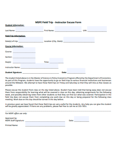 instructor excuse form template