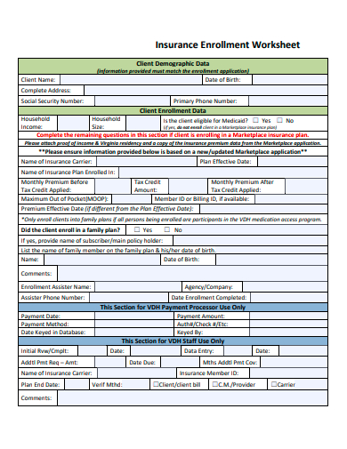insurance enrollment worksheet template