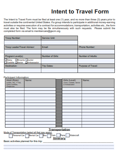 intent to travel form template