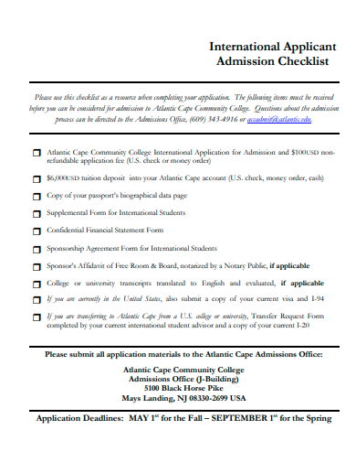 international applicant admission checklist template