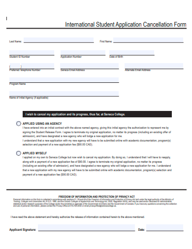 international student application cancellation form template
