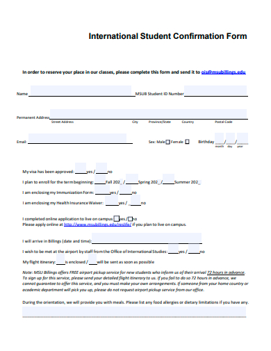 international student confirmation form template