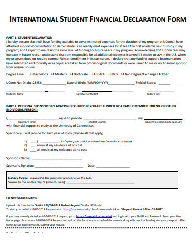 international student financial declaration form template