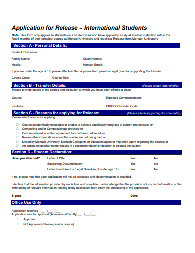 international students release application template