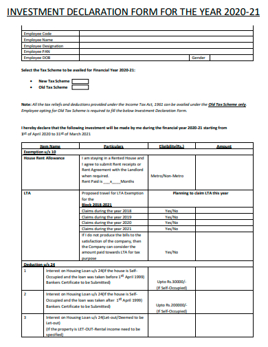 investment declaration form template