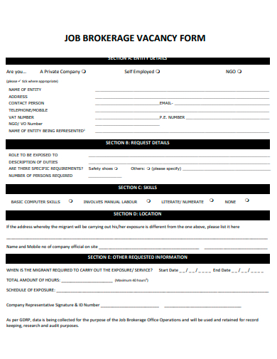 job brokerage vacancy form template