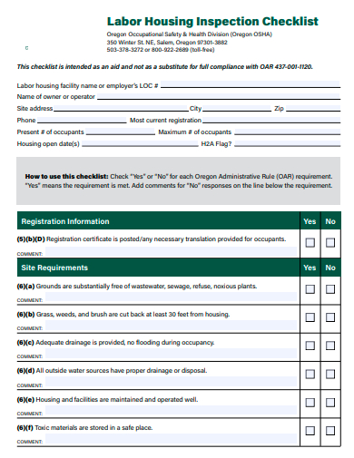 labor housing inspection checklist template