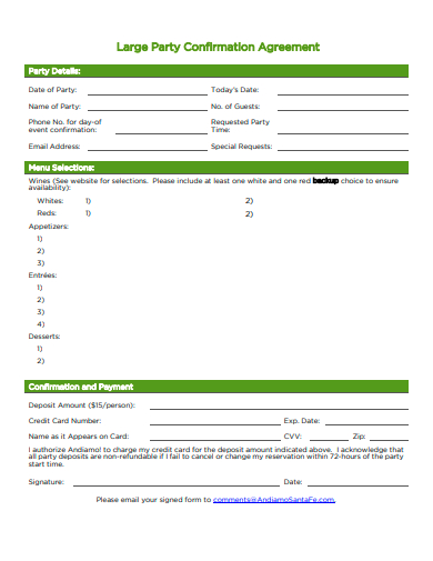 large party confirmation agreement template