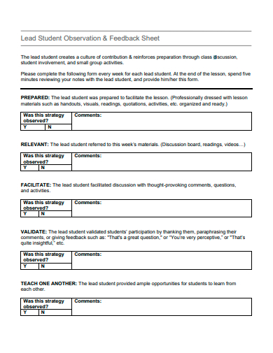 lead student observation and feedback sheet template