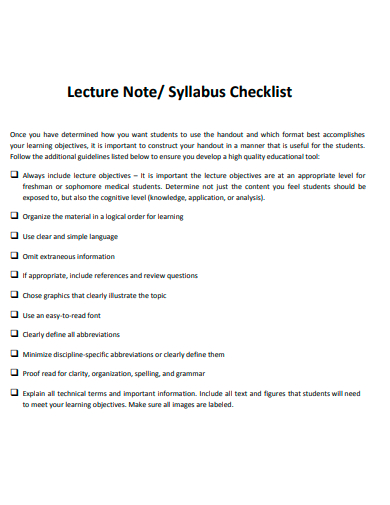 lecture note syllabus checklist template