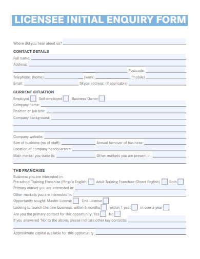 licensee initial enquiry form template