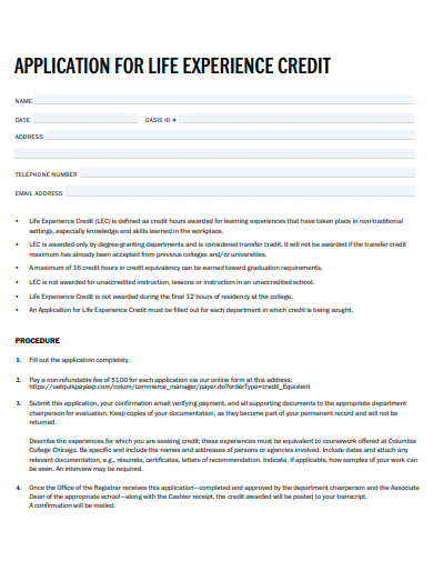 life experience credit application template