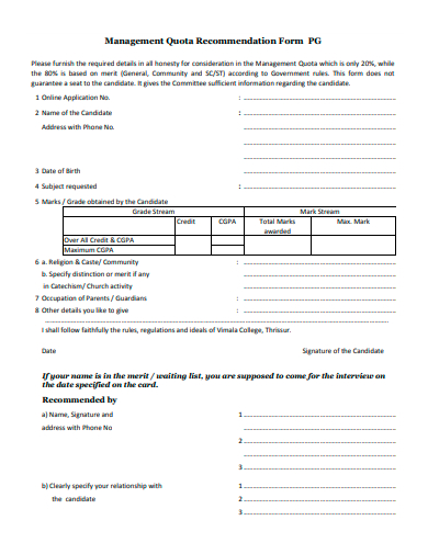 management quota recommendation form template