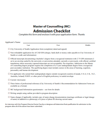 master of counselling admission checklist template