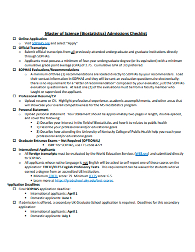 master of science admission checklist template