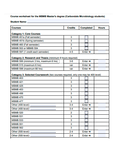 masters degree course worksheet template