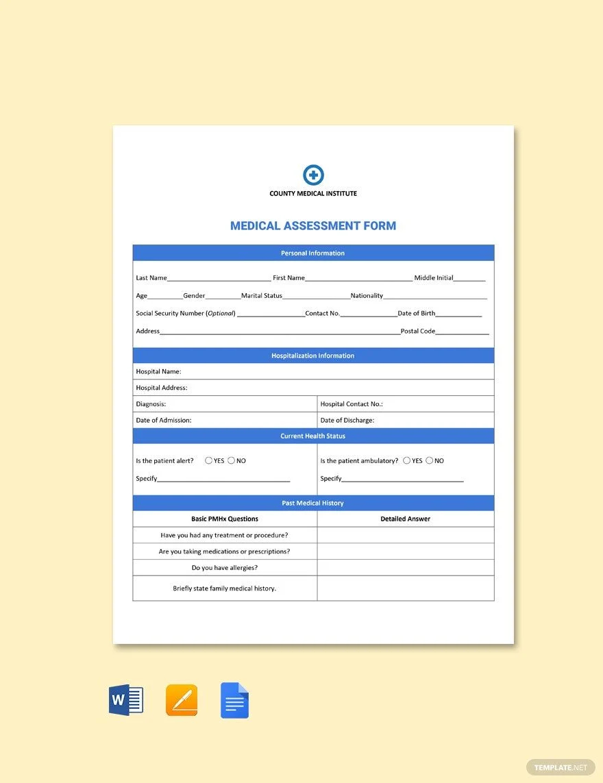 medical assessment form template