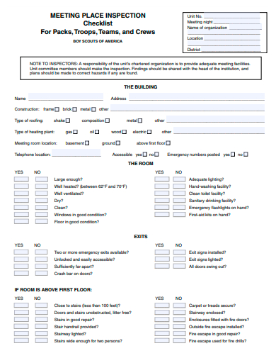 meeting place inspection checklist template