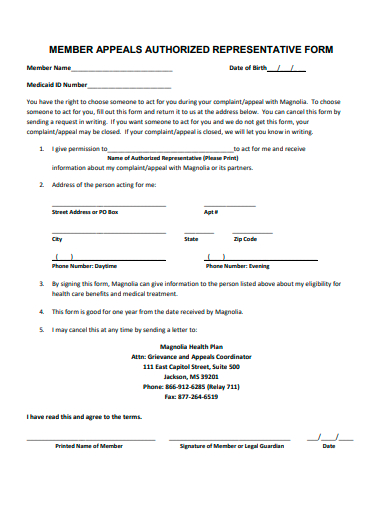 member appeals authorized representative form template