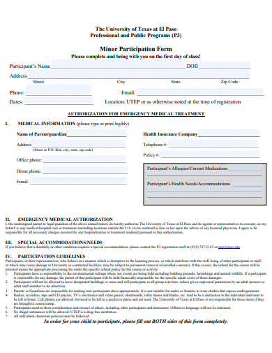 minor participation form template