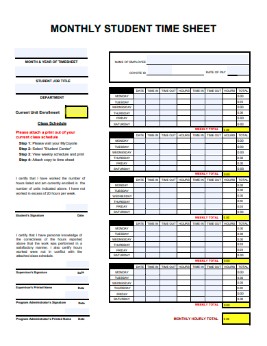 monthly student time sheet template