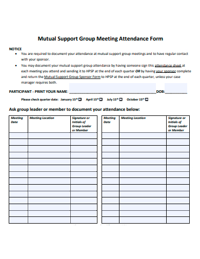 mutual support group meeting attendance form template