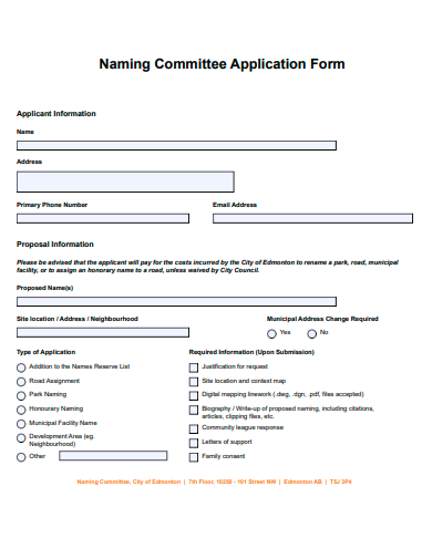 naming committee application form template