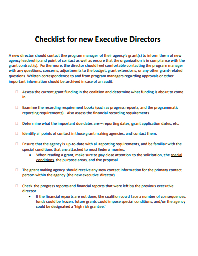 new executive directors checklist template