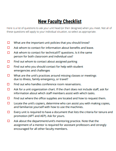 new faculty checklist template