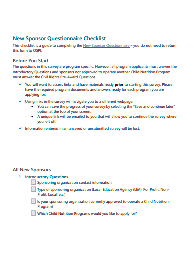 new sponsor questionnaire checklist template