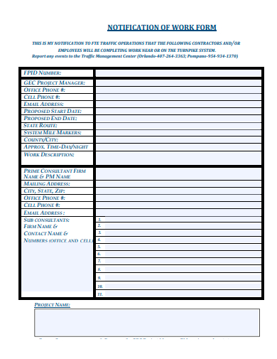 notification of work form template