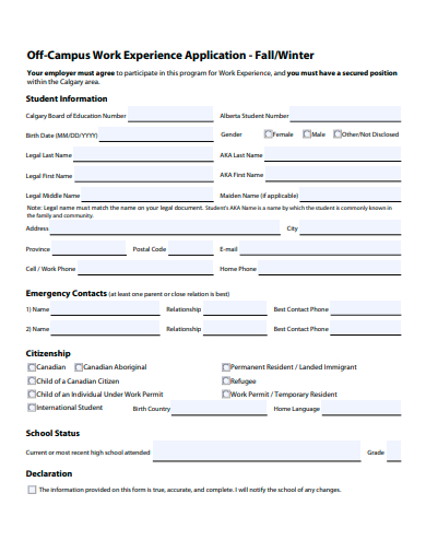 off campus work experience application template