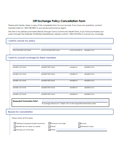 off exchange policy cancellation form template
