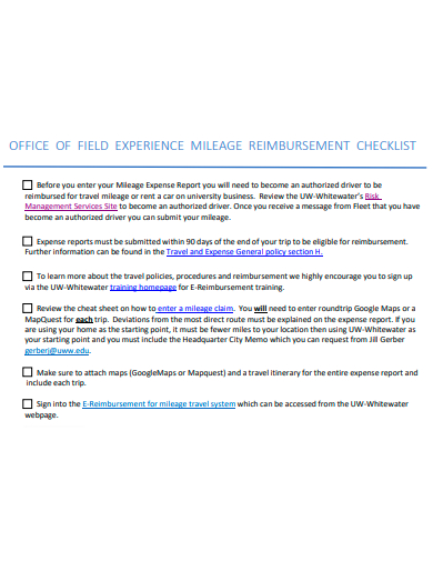 office of field experience mileage reimbursement checklist template