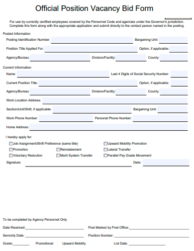 official position vacancy bid form template