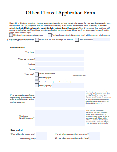 official travel application form template