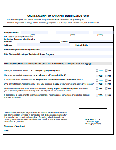 online examination applicant identification form template