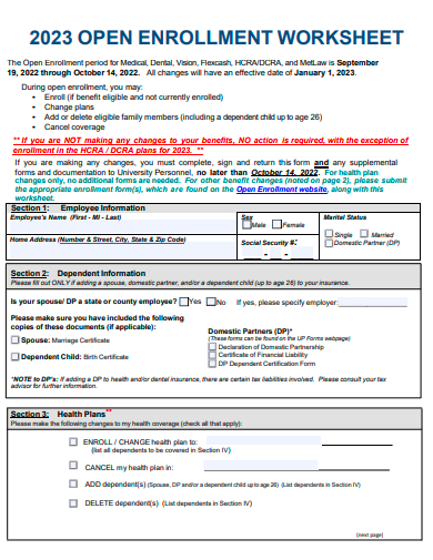 open enrollment worksheet template