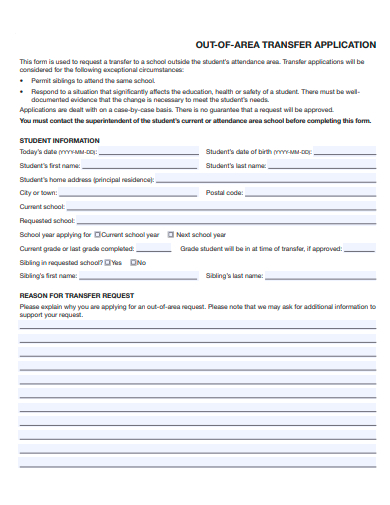 out of area transfer application template
