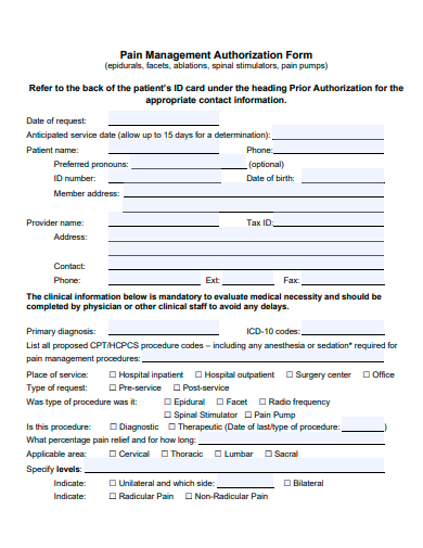 pain management authorization form template