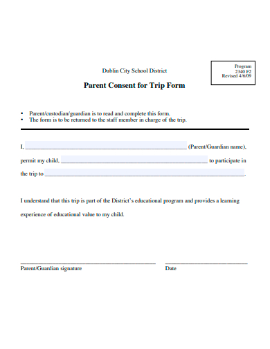 parent consent for trip form template