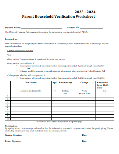 parent household verification worksheet template