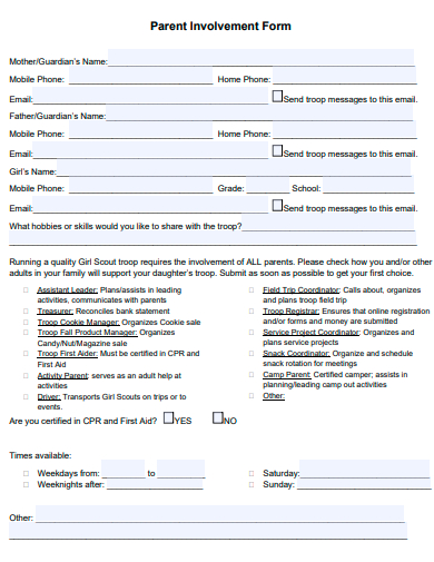parent involvement form template