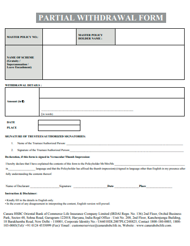partial withdrawal form template