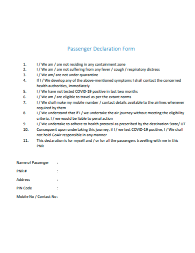 passenger declaration form template