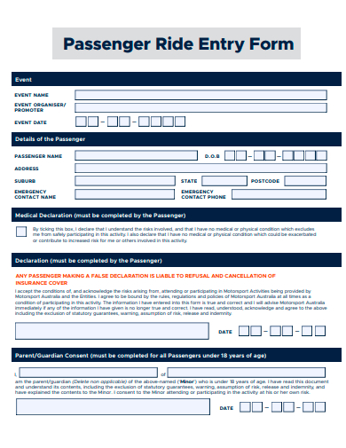 passenger ride entry form template