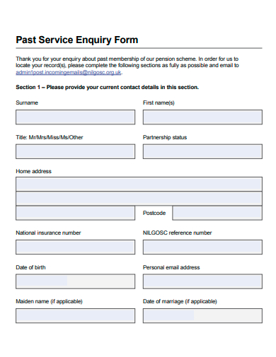 past service enquiry form template